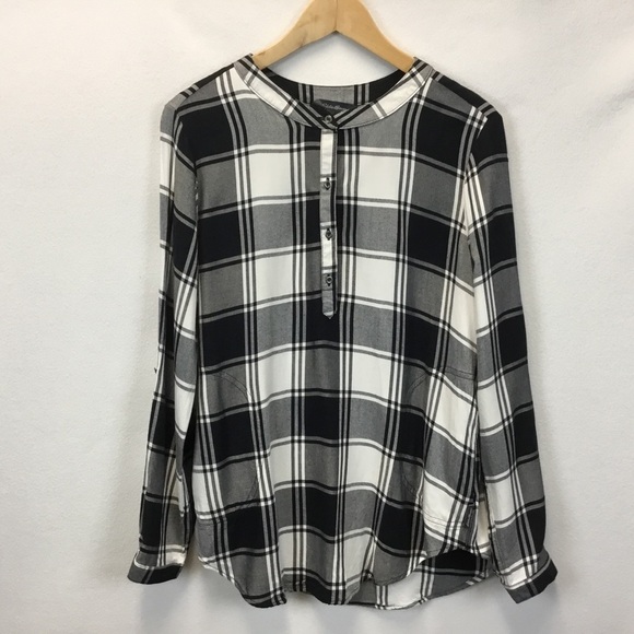 Eddie Bauer Black & White Plaid Tunic Blouse with Side Pockets - Picture 1 of 13